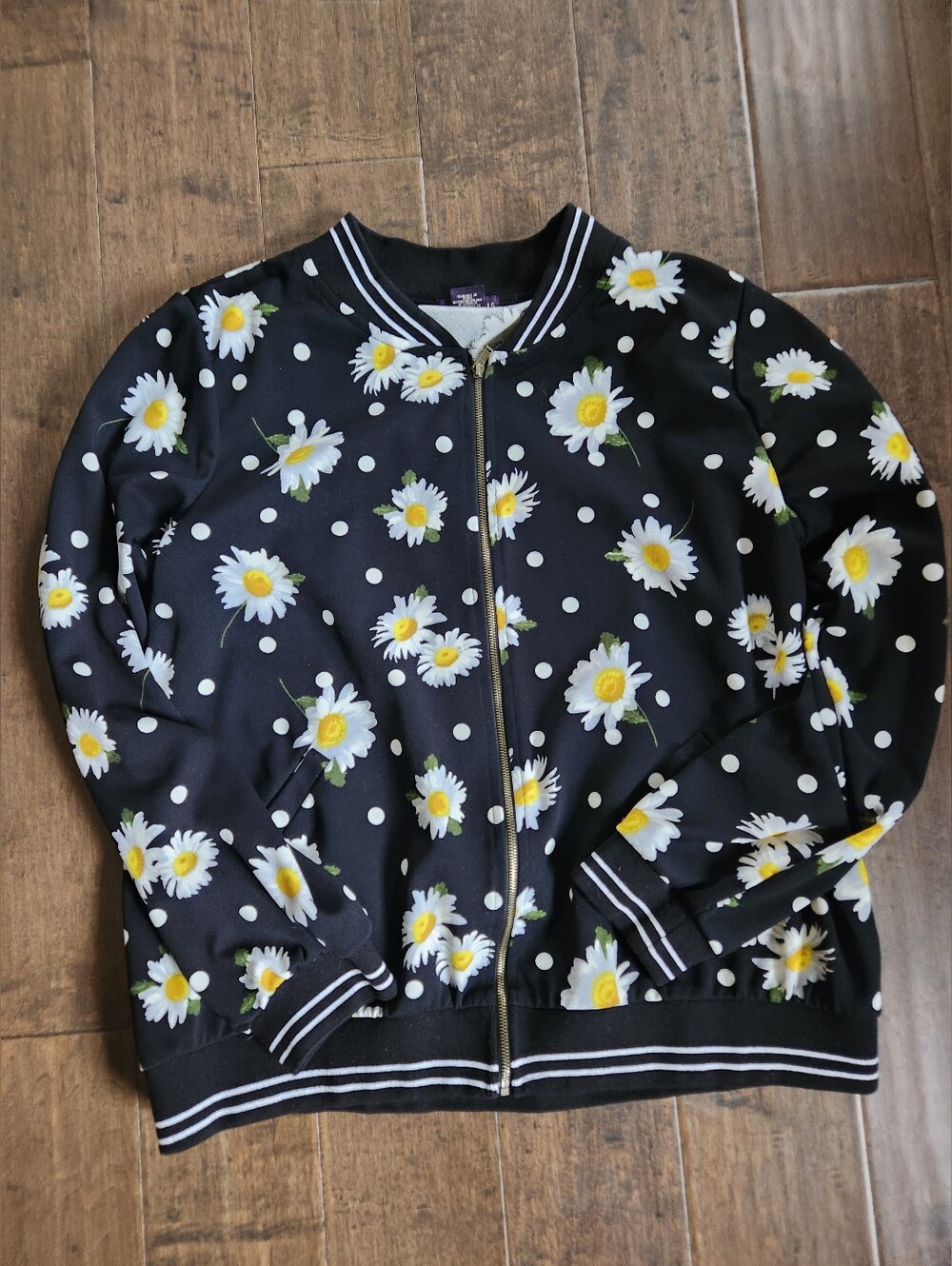 Womens Black Polka Dot Daisy Bomber Jacket Size Medium Skater Utility Streetwear